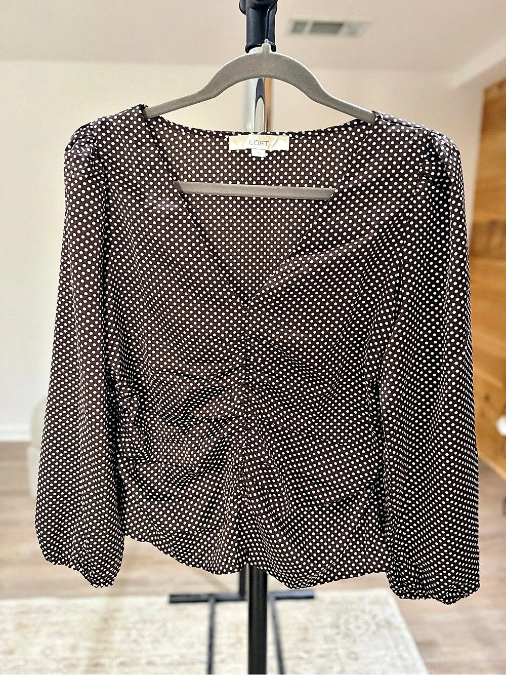 LOFT Pindot Ruched Blouse Polka Dot Brown & White Size Small